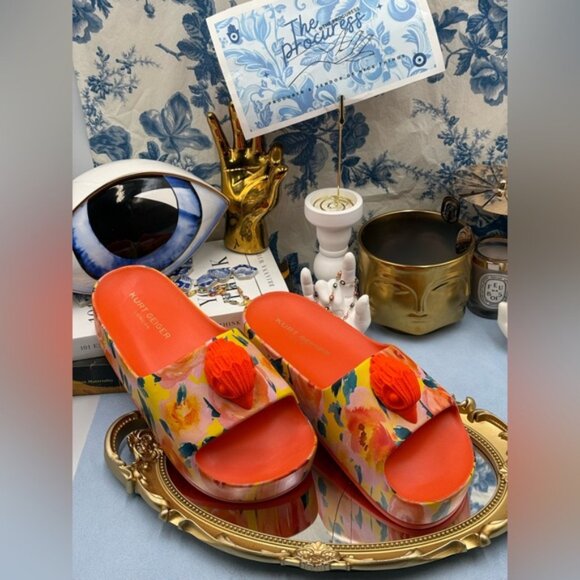🆕 KURT GEIGER LONDON 🧿 NWOB Eagle Chunky Rubber Slide, Orange Floral, Sz US 7 - Picture 2 of 14
